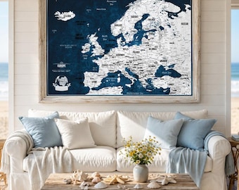 Push Pin Map of Europe, Europe Travel Tracker with 50 Pins, Rolled Poster, Kappa Board or Framed Wall Map, Gift for Traveler