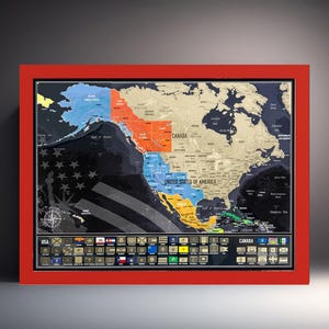 Carte à gratter de l'Amérique du Nord - 51 drapeaux des États américains et 13 drapeaux des territoires canadiens