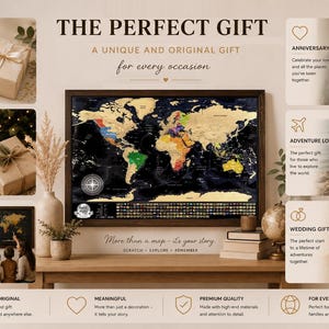 May include: A rectangular scratch-off world map in a dark frame featuring gold foil over a black background. The map displays colorful continents and a compass rose. Text includes THE PERFECT GIFT, A UNIQUE AND ORIGINAL GIFT, and SCRATCH EXPLORE REMEMBER.