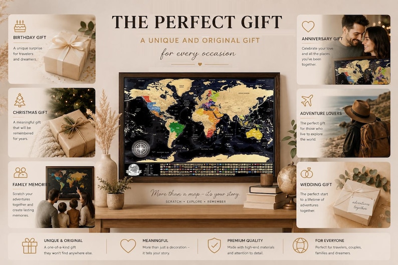 May include: A rectangular scratch-off world map in a dark frame featuring gold foil over a black background. The map displays colorful continents and a compass rose. Text includes THE PERFECT GIFT, A UNIQUE AND ORIGINAL GIFT, and SCRATCH EXPLORE REMEMBER.
