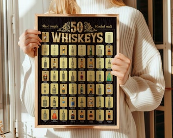 The Whiskeys Bucket List Rubbelposter – Top 50 Whiskys enthüllt – perfekte Wanddekoration für Whisky-Liebhaber, Männerhöhlen, Whiskey-Bar