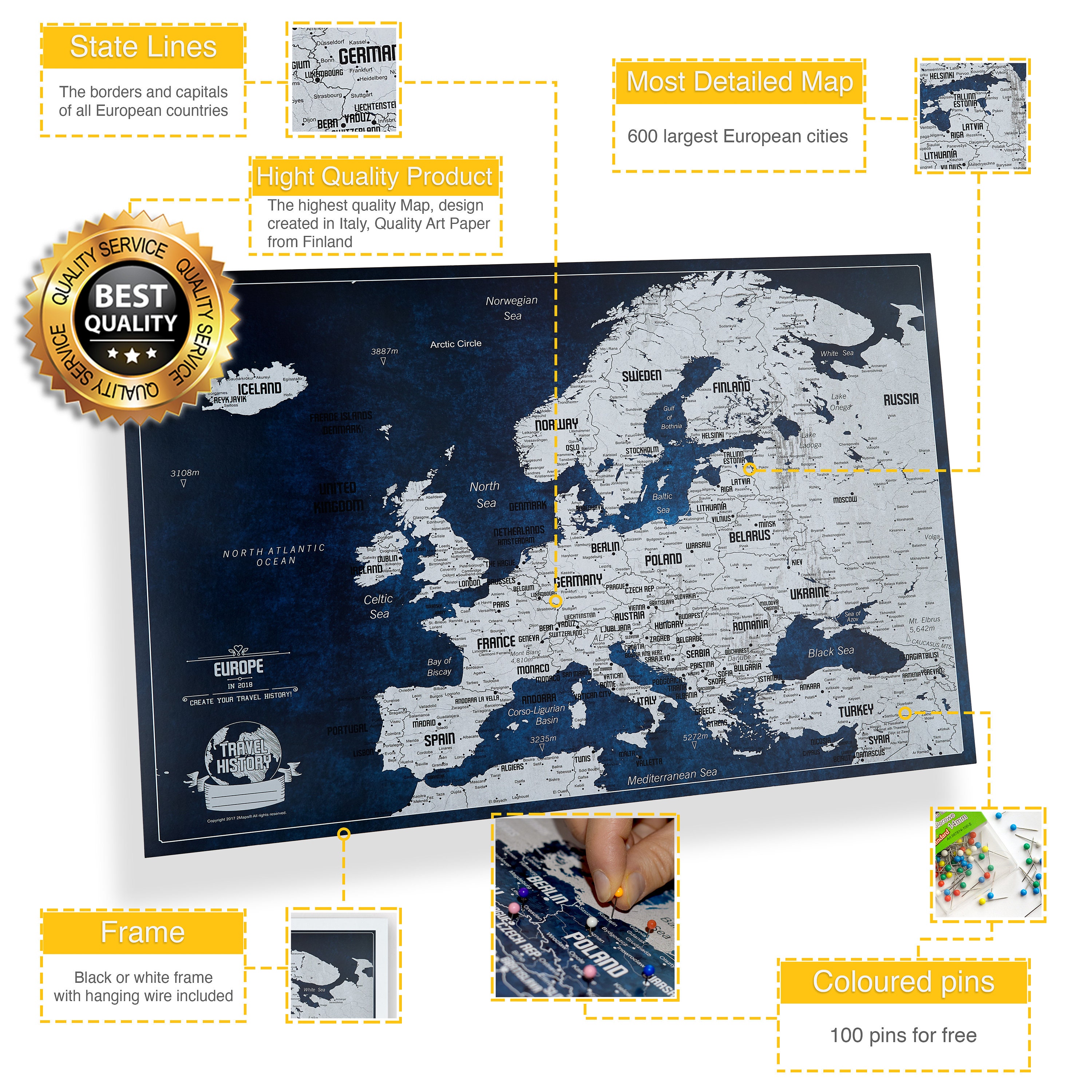 Personalized Map of Europe - Bonus 50 Pins - Best Gifts - Original ...