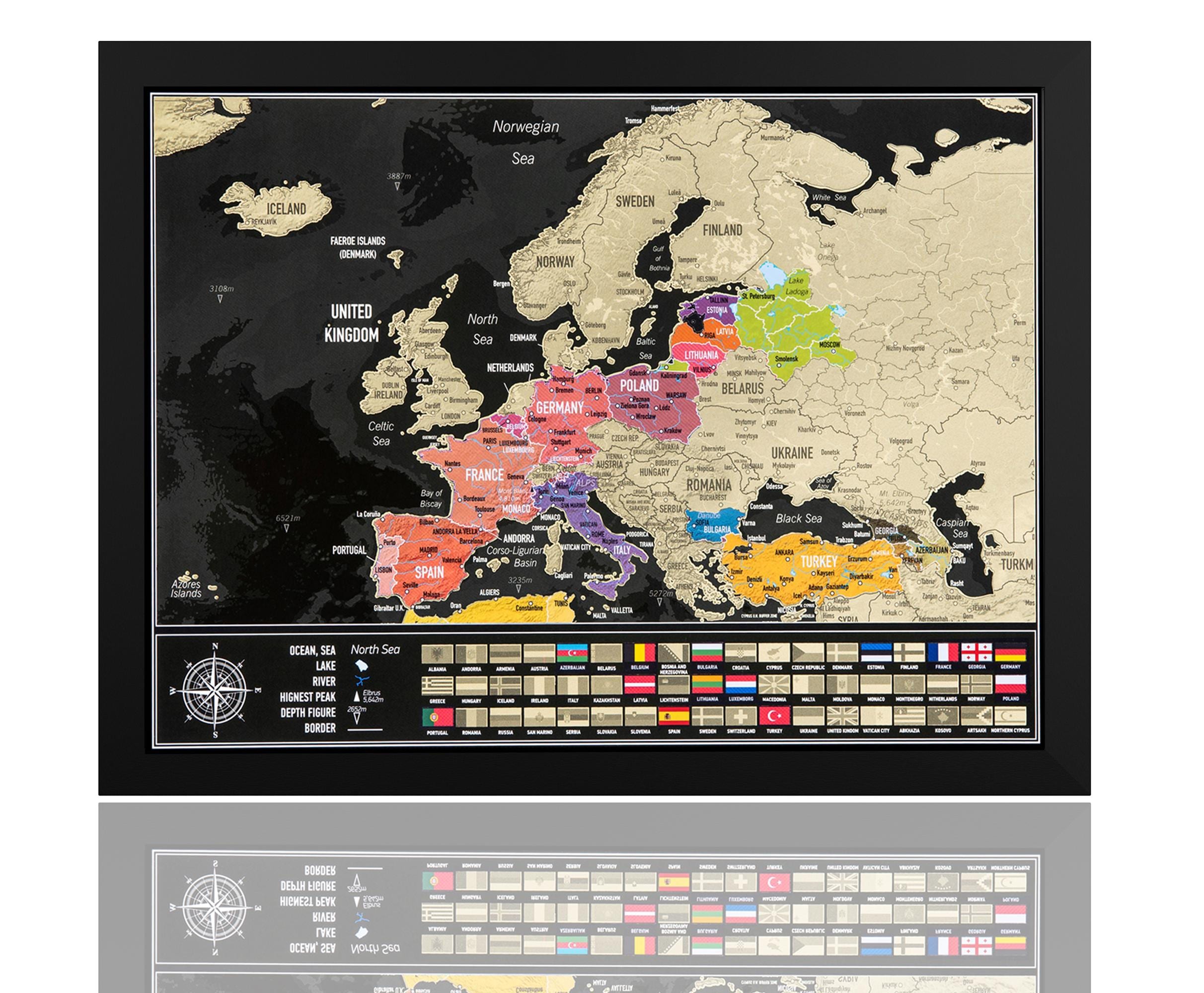 My Travel Map – High-Quality Scratch-Off Europe Map | Features Country Flags | Framed or Unframed Options | Perfect for Travel Lovers