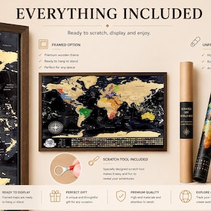 May include: A scratch-off world map featuring a black background with gold foil continents. The set includes a framed map, a rolled unframed map in a cardboard tube, and a small metal scratch tool. Text includes EVERYTHING INCLUDED and SCRATCH OFF WORLD MAP.