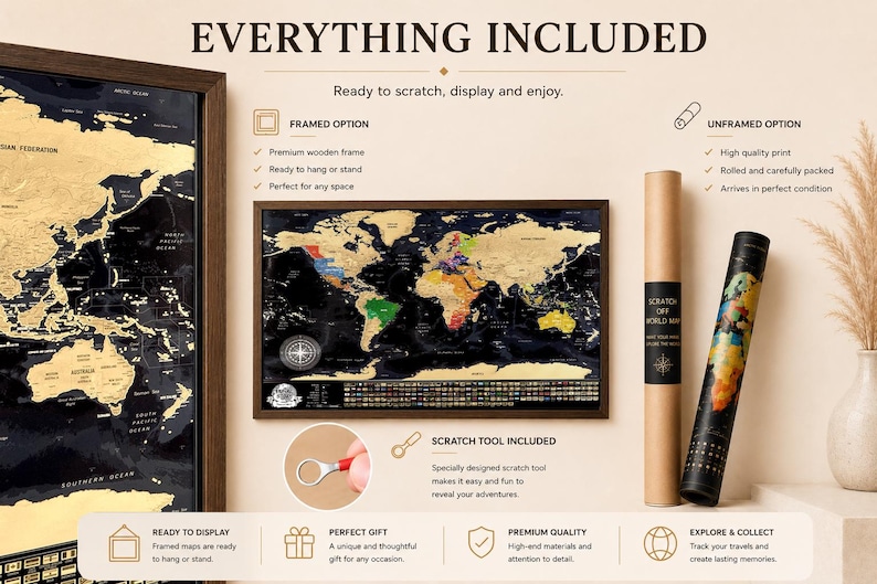 May include: A scratch-off world map featuring a black background with gold foil continents. The set includes a framed map, a rolled unframed map in a cardboard tube, and a small metal scratch tool. Text includes EVERYTHING INCLUDED and SCRATCH OFF WORLD MAP.