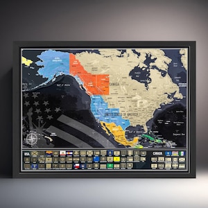 Carte à gratter de l'Amérique du Nord - 51 drapeaux des États américains et 13 drapeaux des territoires canadiens