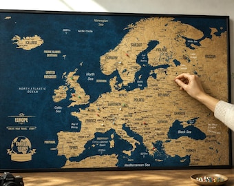 Push Pin Europe Map - Personalized Travel Tracker with Pins, Framed Option Available, Bonus 50 pins, Place for personalization