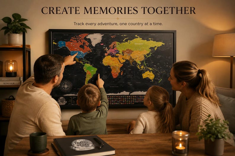 May include: A black scratch-off world map in a black frame with the text CREATE MEMORIES TOGETHER and Track every adventure, one country at a time. The map features colorful continents against a black background with a compass rose and legend.