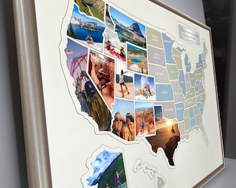 Personalized USA Photo Map with Wooden Frame: Travel Collage Gift