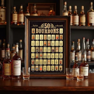 Poster Bourbon Bucket List da Grattare - Top 50 Bourbon, Regalo per Amanti del Whisky, Con o Senza Cornice