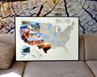 Personalized USA Photo Map with Wooden Frame: Travel Collage Gift
