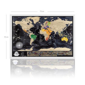 Interactive scratch-off world map featuring over 700 cities, 196 country flags, mountains, and archipelagos. Perfect for travel enthusiasts to mark visited places, create memories, use as wall decor, or give as a gift for travelers.