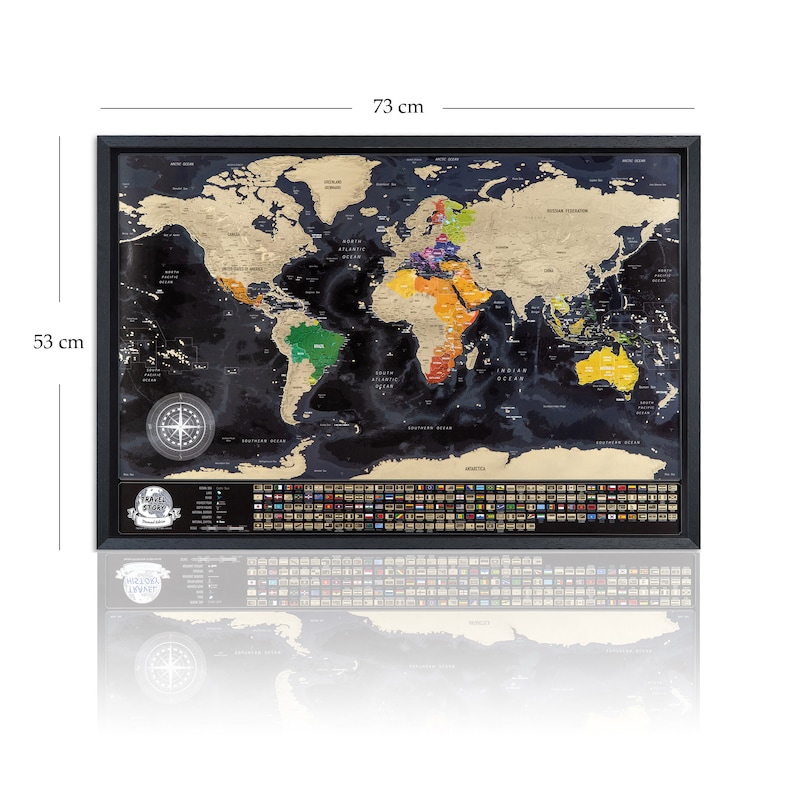 Interactive scratch-off world map featuring over 700 cities, 196 country flags, mountains, and archipelagos. Perfect for travel enthusiasts to mark visited places, create memories, use as wall decor, or give as a gift for travelers.