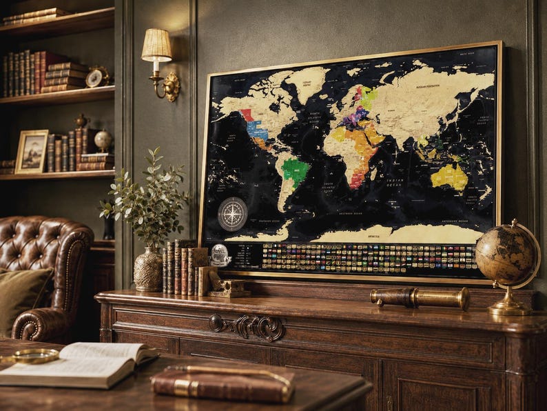 May include: A large rectangular world map framed in gold, featuring a black background with continents in a light tan color. Specific countries are highlighted in green, blue, red, and yellow. A compass rose and a row of national flags are visible.