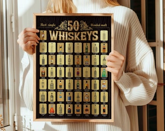 Whiskey Bucket List Scratch Off Poster: Top 50 Whiskeys, Man Cave Decor