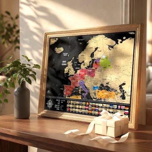 Puede incluir: Un mapa de Europa enmarcado con un diseño en negro y dorado, donde varios países están resaltados en diferentes colores. La sección inferior muestra una cuadrícula de banderas nacionales. El mapa se presenta en un marco de madera.