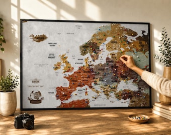Multicolor Push Pin Map of Europe, Framed or Unframed Travel Map, 50 Pins Included, Personalized Couple Gift