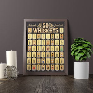 The Whiskeys Scratch Poster - Bucket List, World&#39;s Top 50 Whiskeys, Scratch Off Poster, Wall Decor for Man Cave or Bar, Available with Frame