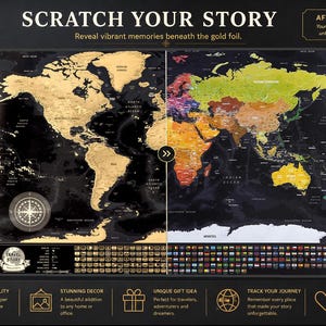 May include: A scratch-off world map poster titled SCRATCH YOUR STORY with a black background. The left side shows a gold foil layer over continents, while the right side reveals vibrant colors beneath. Includes a compass rose and country flags.