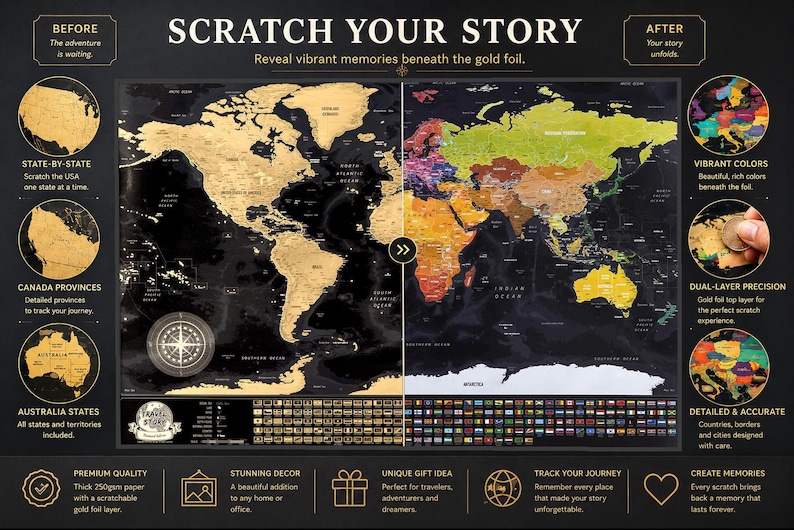 May include: A scratch-off world map poster titled SCRATCH YOUR STORY with a black background. The left side shows a gold foil layer over continents, while the right side reveals vibrant colors beneath. Includes a compass rose and country flags.