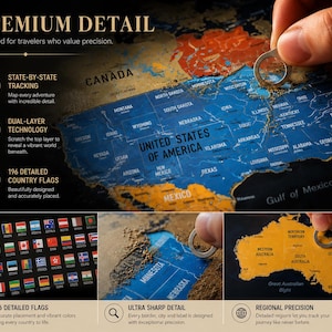 May include: A scratch-off world map featuring a black background with gold foil layers that reveal vibrant blue and orange colors underneath. The map displays the United States, Australia, and a grid of 196 colorful country flags with text.