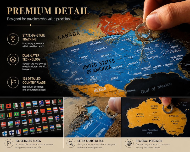 May include: A scratch-off world map featuring a black background with gold foil layers that reveal vibrant blue and orange colors underneath. The map displays the United States, Australia, and a grid of 196 colorful country flags with text.