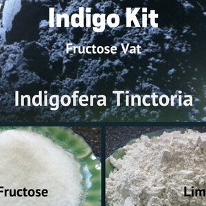 Könnte beinhalten: Indigo-Set zum Färben mit natürlichem Indigo. Das Set enthält eine Tüte Indigo-Pulver, eine Tüte Fructose und eine Tüte Kalk.