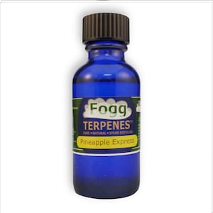May include: A cobalt blue glass bottle with a black cap. The label reads "Fogg TERPENES" and "Pineapple Express". The bottle contains a clear liquid. The label is green and yellow.