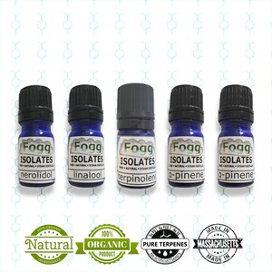 Pu&ograve; includere: Cinque piccoli flaconi di vetro blu con tappi neri, ognuno contenente un diverso isolato di olio essenziale. Le etichette riportano "Fogg Isolates" e elencano il tipo di isolato: "nerolidol", "linalool", "terpinolene", "alfa-pinene", e "alfa-pinene".