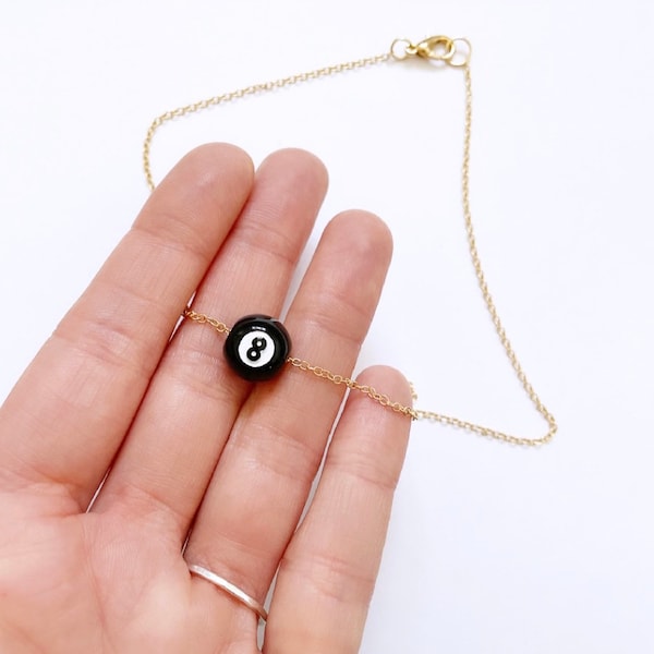 8 ball necklace, gold and black, quirky jewellery, magic 8 ball, yes or not, unique gifts, eight ball lucky necklace, good luck gifts.