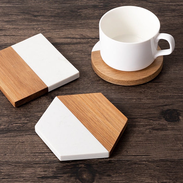 White Marble & Acacia Wood Set of 4 Coasters - Glowforge, Laser Engraver and Craft Supplies