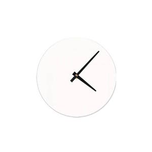 May include: A white round clock with black hands pointing to the time.