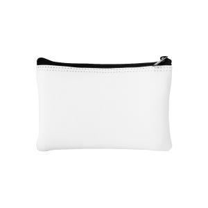 May include: A white rectangular pouch with a black zipper and trim. The pouch is made of a smooth, solid white material. The zipper is silver.