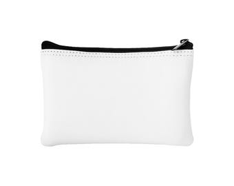 May include: A white rectangular pouch with a black zipper and trim. The pouch is made of a smooth, solid white material. The zipper is silver.
