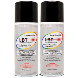 May include: Two cans of LaserBond 100 all-purpose black laser marking material. The cans are silver with black tops and feature the LBT logo and product information. Each can contains 12 oz (340g) of material.