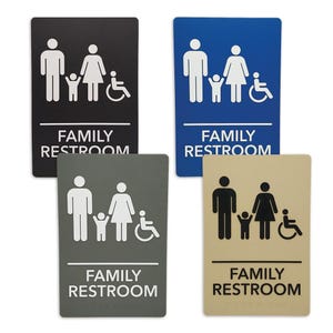 ADA-Compliant Wayfinding Signs Ready to Install. Featuring Grade 2 Braille & Raised Tactile Text, 2 Pack, All-Gender or Family Restroom.