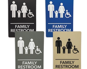 ADA-Compliant Wayfinding Signs Ready to Install. Featuring Grade 2 Braille & Raised Tactile Text, 2 Pack, All-Gender or Family Restroom.