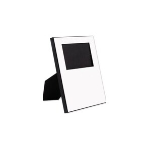 May include: A white picture frame with a black mat and a black stand. The frame is made of wood and has a smooth finish.