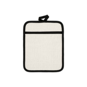 May include: A white cotton pot holder with a black border and a black loop handle.