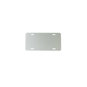 May include: A blank, silver-colored license plate with four holes for mounting.