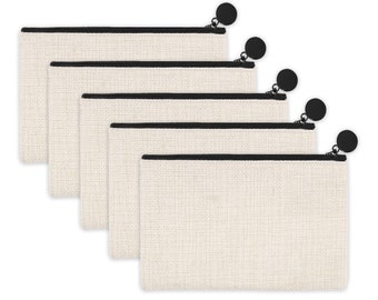 May include: Five rectangular canvas pouches with black zippers and black circular zipper pulls. The pouches are a natural off-white color, and the zippers are black. The pouches are arranged in a slightly staggered pattern.