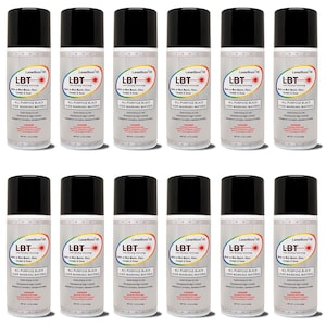 May include: A collection of twelve aerosol cans with black caps and white labels. The labels feature the text "LaserBond 100" and "LBT" in a blue and red design, along with the words "All Purpose Black Laser Marking Material."