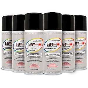 May include: Six cans of LaserBond 100 all-purpose black laser marking material. The cans are silver with black tops and feature the LBT logo and product information. Each can contains 12 oz (340g) of material.