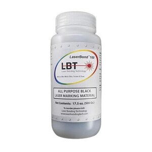 May include: A white plastic bottle with a white cap, labeled "LaserBond 100." The label includes the text "LBT Laser Bonding Technology" and "ALL PURPOSE BLACK LASER MARKING MATERIAL." The bottle contains 17.5 oz. (500 Gr.) of product.