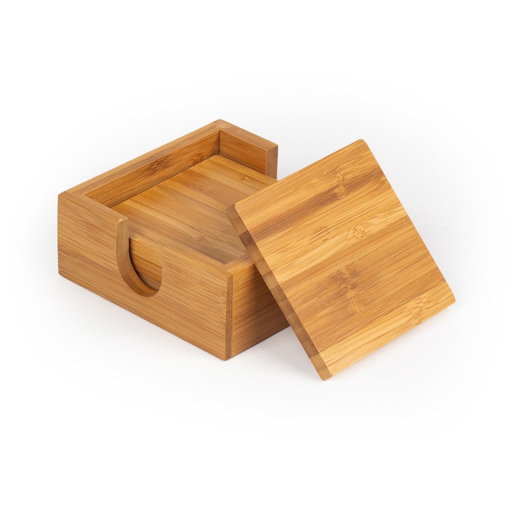 Teak Wood Coasters Set of 4, Square with Inner Square 9cm. Bamboo Art Shop