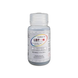 May include: A small, clear plastic bottle with a white cap, labeled "LaserBond 100." The label includes the text "ALL PURPOSE BLACK LASER MARKING MATERIAL" and the net contents: 1.75 oz. (50 g).