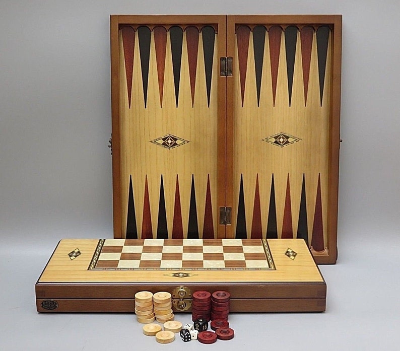 BACKGAMMON SET WOODEN BOARD GAME REAL WOOD INLAID HAND MADE-18/"