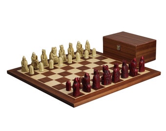 Isle Of Lewis Ii Ivory & Red Chess Pieces 3.5 Mahogany Chess Board 20