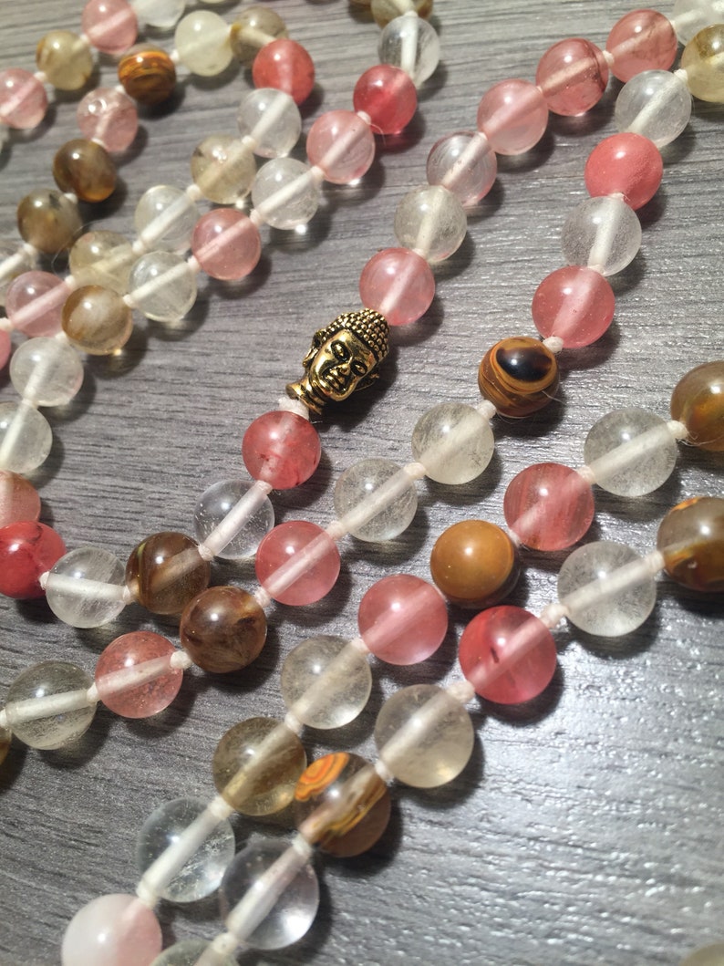 Quartz Beaded Necklace Gemstone Meditation Yoga Mala Necklace Watermelon Quartz Gemstone Beaded Buddha Necklace