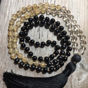 HAPPINESS & STRENGTH Mala | Citrine and Clear Quartz Mala Necklace | Onyx Mala Beads | Gemstone Mala | Mala Beads 108 | Meditation Yoga Mala